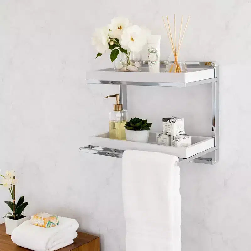 Mensola da parete a 2 livelli con portasciugamani e vassoi Cromo/Bianco - Organizer moderno per il bagno