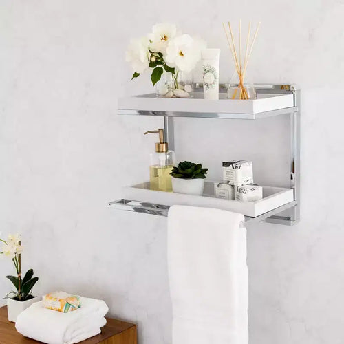 Mensola da parete a 2 livelli con portasciugamani e vassoi Cromo/Bianco - Organizer moderno per il bagno