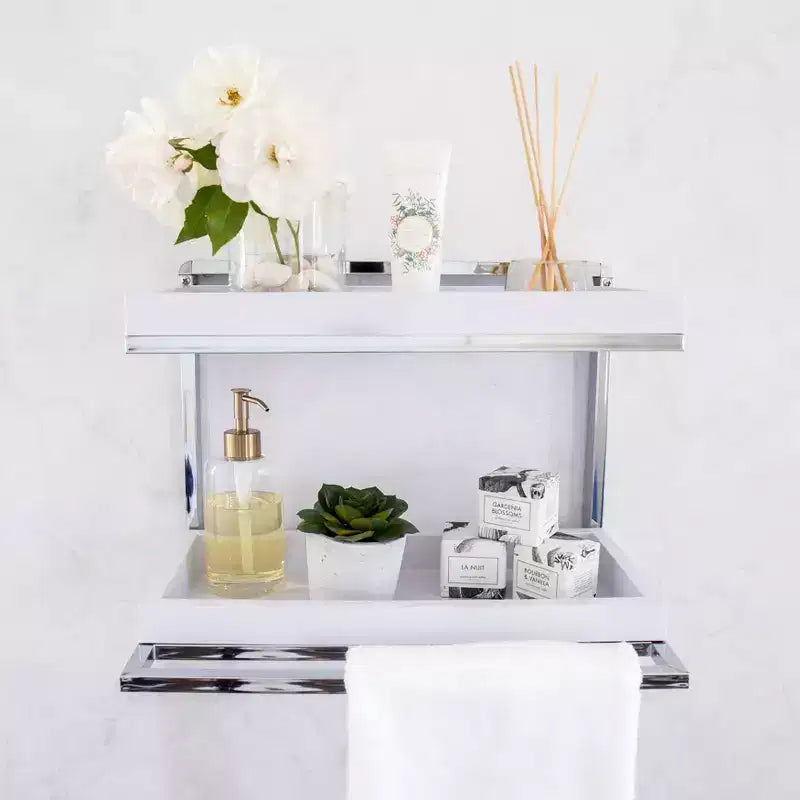 Mensola da parete a 2 livelli con portasciugamani e vassoi Cromo/Bianco - Organizer moderno per il bagno