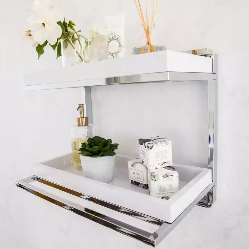 Mensola da parete a 2 livelli con portasciugamani e vassoi Cromo/Bianco - Organizer moderno per il bagno
