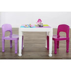 Tavolo Attività Quadrato per Bambini 2 in 1 con Sedie e 100 Mattoncini Costruzioni Rosa/Viola, 3 pz - Set Tavolino per Bambini