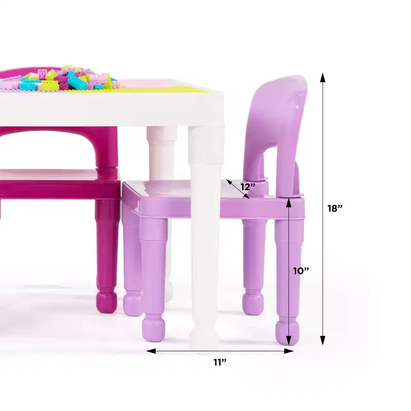 Tavolo Attività Quadrato per Bambini 2 in 1 con Sedie e 100 Mattoncini Costruzioni Rosa/Viola, 3 pz - Set Tavolino per Bambini