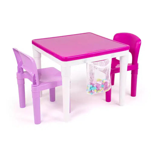 Tavolo Attività Quadrato per Bambini 2 in 1 con Sedie e 100 Mattoncini Costruzioni Rosa/Viola, 3 pz - Set Tavolino per Bambini