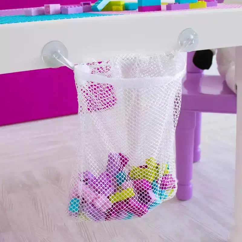 Tavolo Attività Quadrato per Bambini 2 in 1 con Sedie e 100 Mattoncini Costruzioni Rosa/Viola, 3 pz - Set Tavolino per Bambini