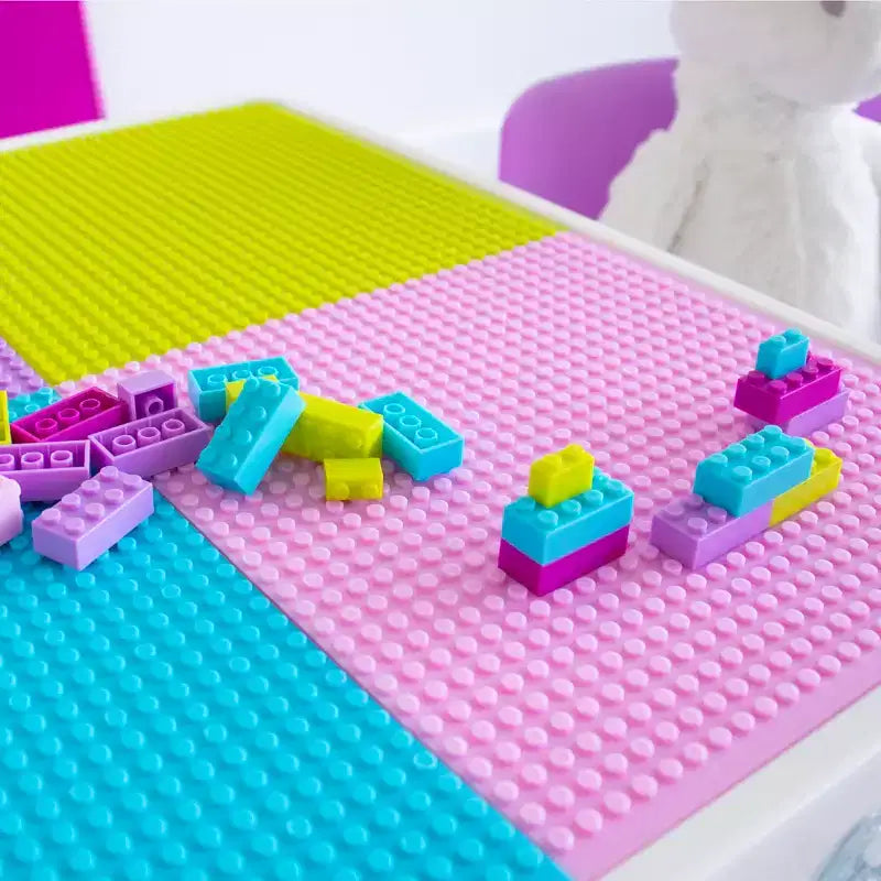 Tavolo Attività Quadrato per Bambini 2 in 1 con Sedie e 100 Mattoncini Costruzioni Rosa/Viola, 3 pz - Set Tavolino per Bambini