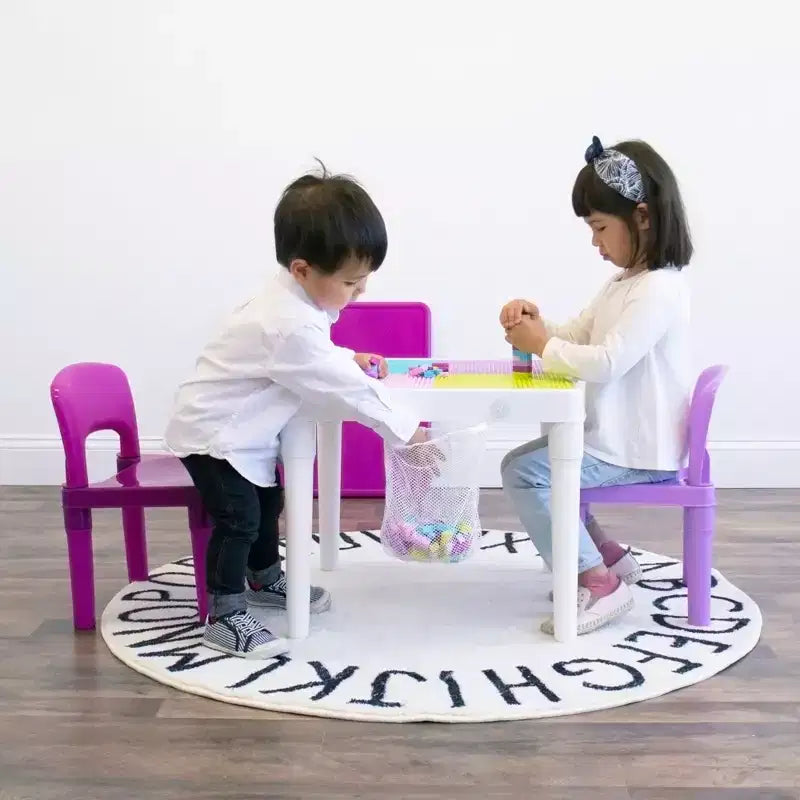 Tavolo Attività Quadrato per Bambini 2 in 1 con Sedie e 100 Mattoncini Costruzioni Rosa/Viola, 3 pz - Set Tavolino per Bambini