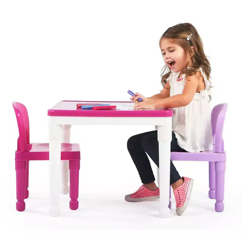 Tavolo Attività Quadrato per Bambini 2 in 1 con Sedie e 100 Mattoncini Costruzioni Rosa/Viola, 3 pz - Set Tavolino per Bambini
