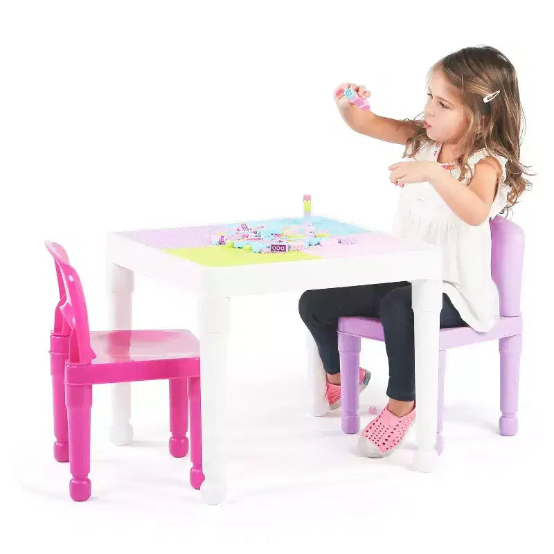 Tavolo Attività Quadrato per Bambini 2 in 1 con Sedie e 100 Mattoncini Costruzioni Rosa/Viola, 3 pz - Set Tavolino per Bambini