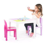 Tavolo Attività Quadrato per Bambini 2 in 1 con Sedie e 100 Mattoncini Costruzioni Rosa/Viola, 3 pz - Set Tavolino per Bambini