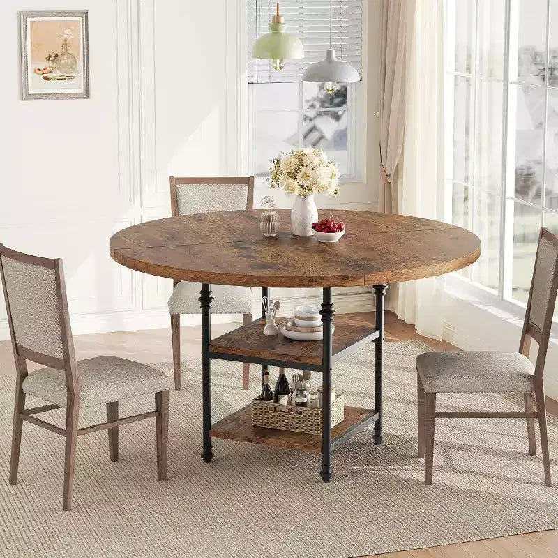Tavolo da pranzo rotondo da 47" per 4-6 persone, tavolo da cucina moderno in legno con ripiani portaoggetti e gambe in metallo romano, solo tavolo, per sala da pranzo