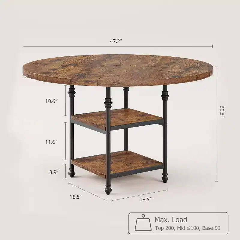 Tavolo da pranzo rotondo da 47" per 4-6 persone, tavolo da cucina moderno in legno con ripiani portaoggetti e gambe in metallo romano, solo tavolo, per sala da pranzo