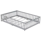 Letto a pavimento a grandezza naturale con recinzione e porta, sponde letto a pavimento in legno di gomma grigio