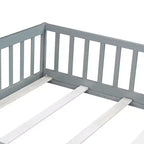 Letto a pavimento a grandezza naturale con recinzione e porta, sponde letto a pavimento in legno di gomma grigio