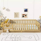 MAYEERTY Full Floor Bed with Fence and Door, Rubber Wood Bed Guardrails Beige
