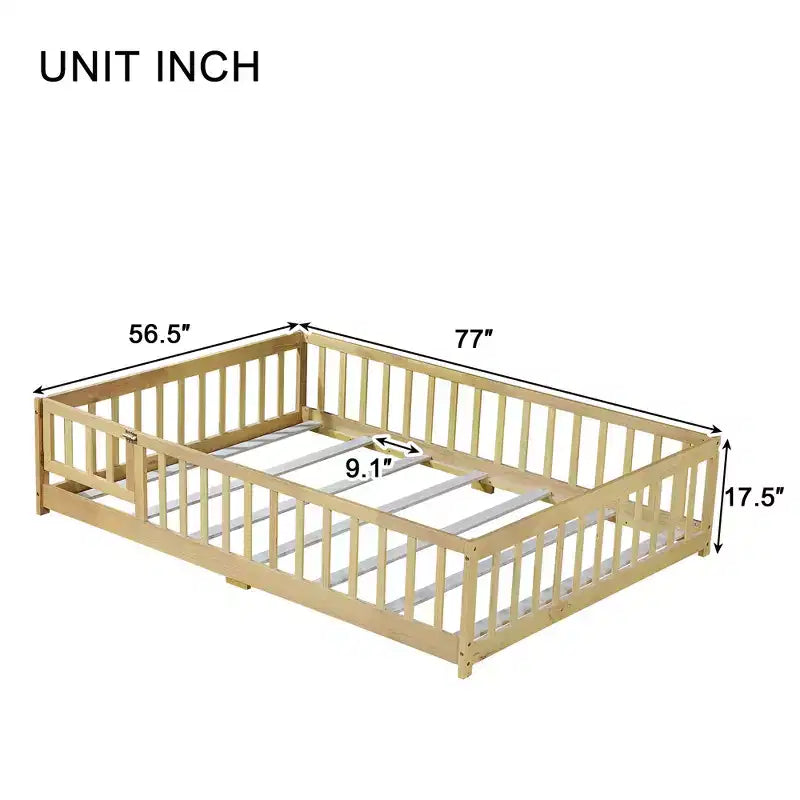 Letto a pavimento completo con recinzione e porta, sponde in legno di gomma beige