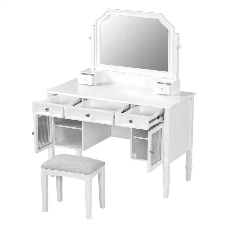 Toeletta Trucco con Grande Specchio Regolabile, Sgabello e Cassetti, Tavolo da Trucco Bianco, Tavolo da Toilette Multifunzionale e Scrivania per Computer