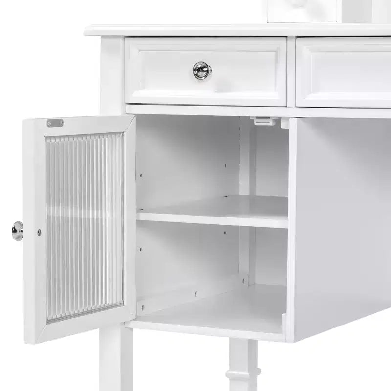 Toeletta Trucco con Grande Specchio Regolabile, Sgabello e Cassetti, Tavolo da Trucco Bianco, Tavolo da Toilette Multifunzionale e Scrivania per Computer