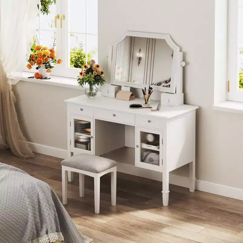 Toeletta Trucco con Grande Specchio Regolabile, Sgabello e Cassetti, Tavolo da Trucco Bianco, Tavolo da Toilette Multifunzionale e Scrivania per Computer
