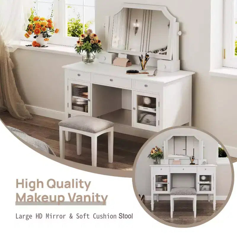 Toeletta Trucco con Grande Specchio Regolabile, Sgabello e Cassetti, Tavolo da Trucco Bianco, Tavolo da Toilette Multifunzionale e Scrivania per Computer