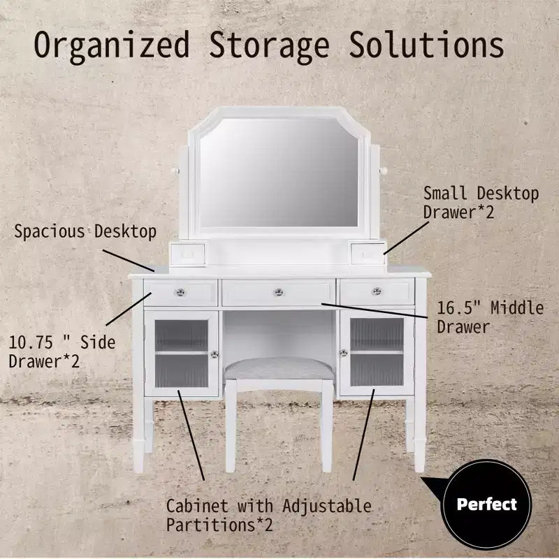 Toeletta Trucco con Grande Specchio Regolabile, Sgabello e Cassetti, Tavolo da Trucco Bianco, Tavolo da Toilette Multifunzionale e Scrivania per Computer