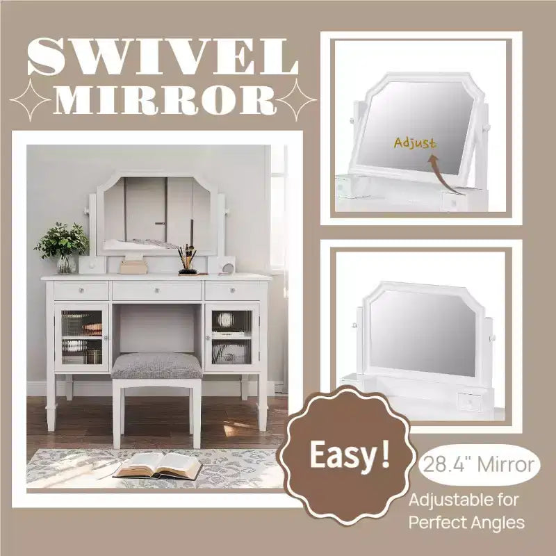Toeletta Trucco con Grande Specchio Regolabile, Sgabello e Cassetti, Tavolo da Trucco Bianco, Tavolo da Toilette Multifunzionale e Scrivania per Computer