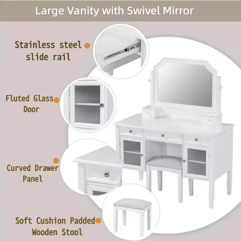 Toeletta Trucco con Grande Specchio Regolabile, Sgabello e Cassetti, Tavolo da Trucco Bianco, Tavolo da Toilette Multifunzionale e Scrivania per Computer