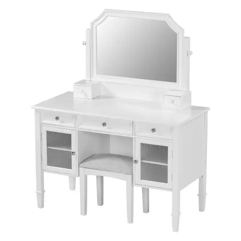 Toeletta Trucco con Grande Specchio Regolabile, Sgabello e Cassetti, Tavolo da Trucco Bianco, Tavolo da Toilette Multifunzionale e Scrivania per Computer