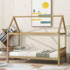 Letto singolo in legno di gomma con struttura a casetta, beige