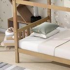 Letto singolo in legno di gomma con struttura a casetta, beige