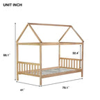 Letto singolo in legno di gomma con struttura a casetta, beige
