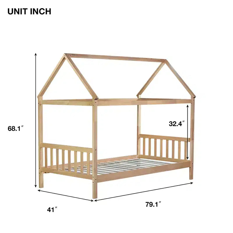 Letto singolo in legno di gomma con struttura a casetta, beige