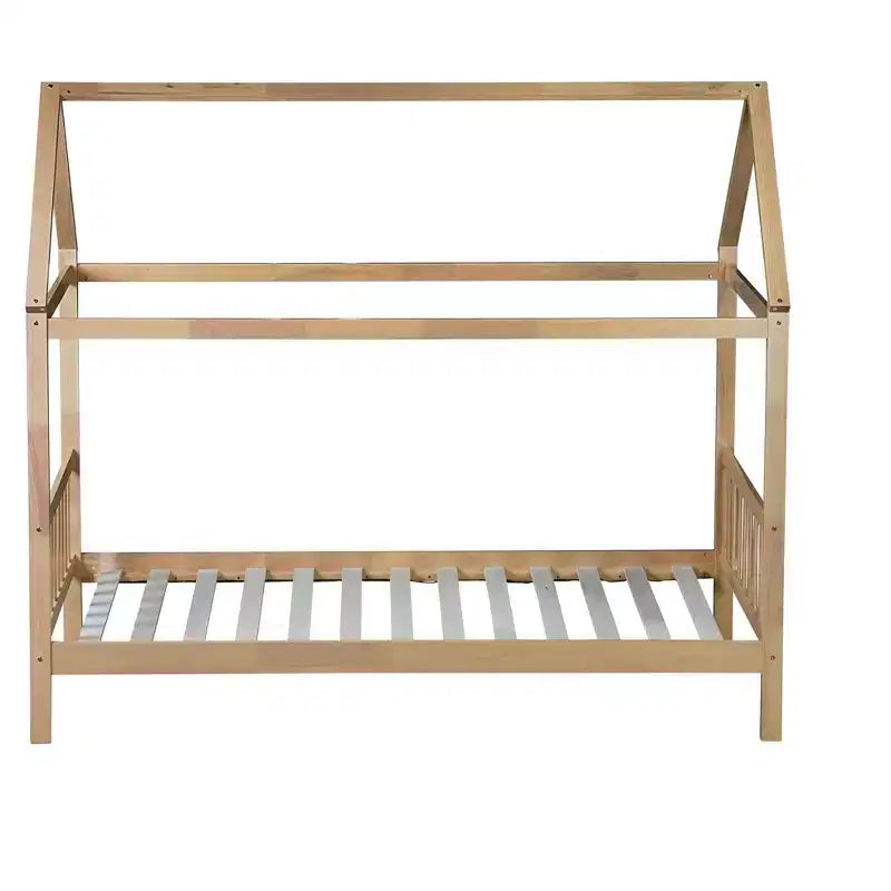 Letto singolo in legno di gomma con struttura a casetta, beige