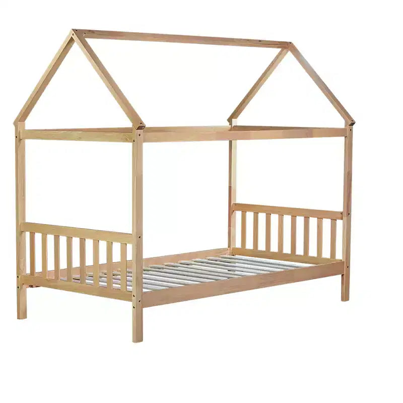 Letto singolo in legno di gomma con struttura a casetta, beige