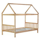 Letto singolo in legno di gomma con struttura a casetta, beige