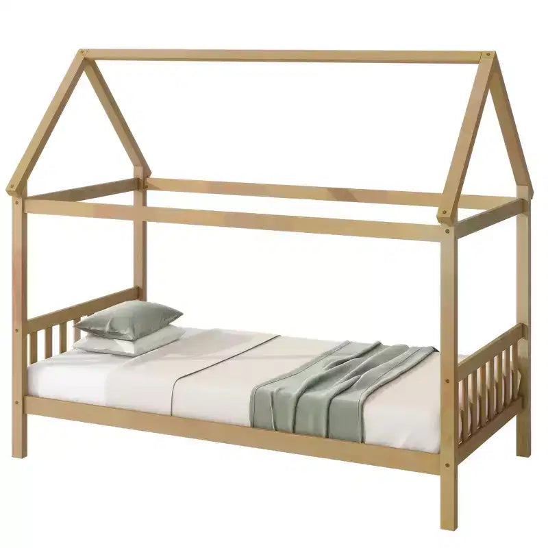 Letto singolo in legno di gomma con struttura a casetta, beige