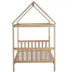 Letto singolo in legno di gomma con struttura a casetta, beige