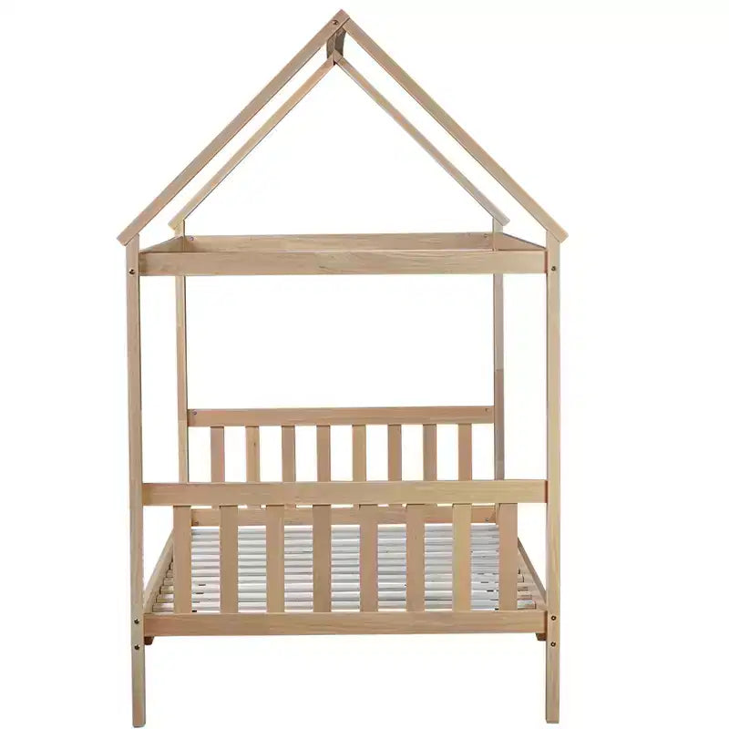 Letto singolo in legno di gomma con struttura a casetta, beige