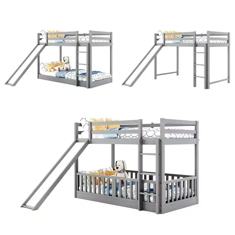 Letto a capanna in legno con letto estraibile e scaffali, bianco