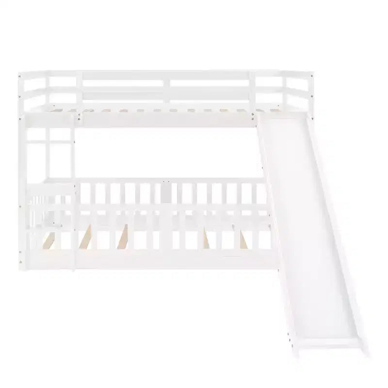 Letto a capanna in legno con letto estraibile e scaffali, bianco