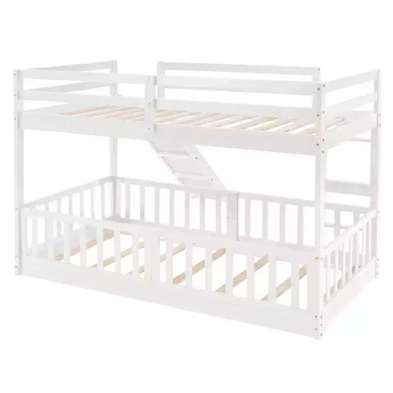 Letto a capanna in legno con letto estraibile e scaffali, bianco