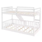 Letto a capanna in legno con letto estraibile e scaffali, bianco