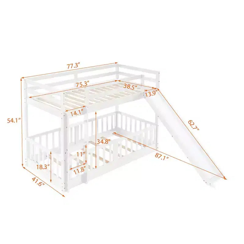 Letto a capanna in legno con letto estraibile e scaffali, bianco