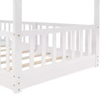 Letto a capanna in legno con letto estraibile e scaffali, bianco