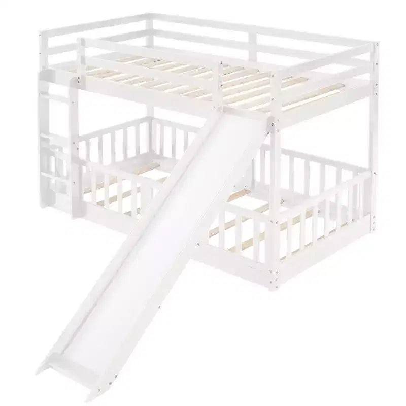 Letto a capanna in legno con letto estraibile e scaffali, bianco
