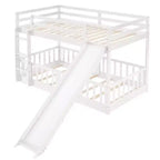 Letto a capanna in legno con letto estraibile e scaffali, bianco
