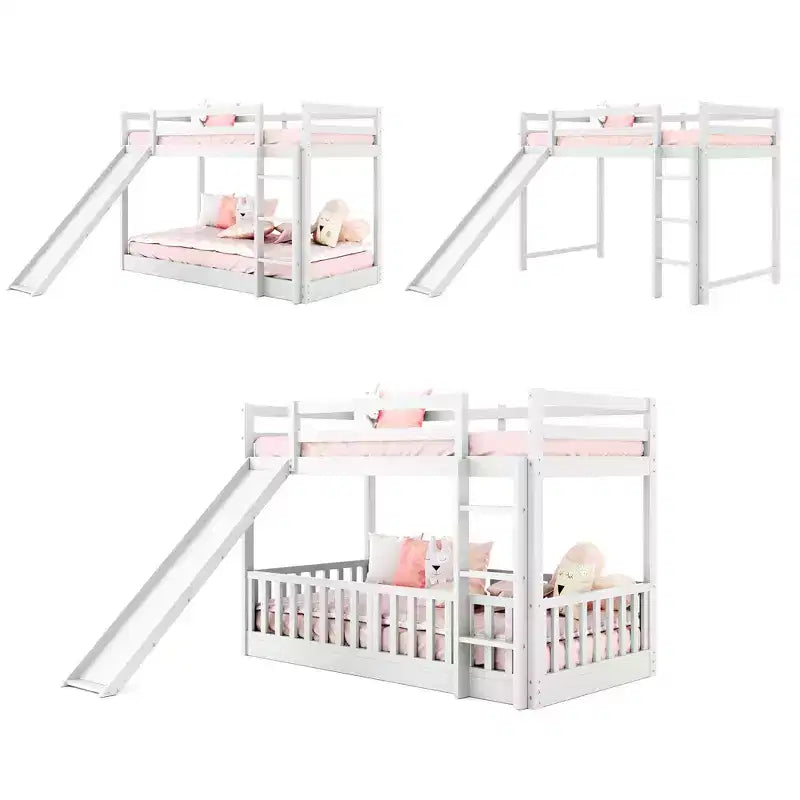 Letto a capanna in legno con letto estraibile e scaffali, bianco