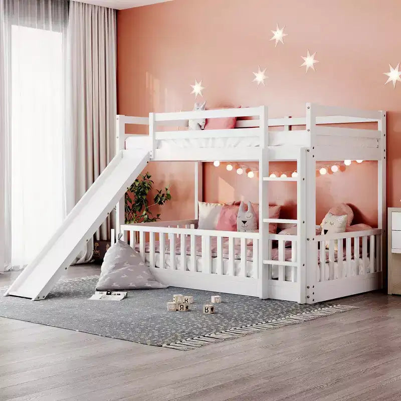 Twin Over Twin Bunk Bed with Slide and Ladder, White