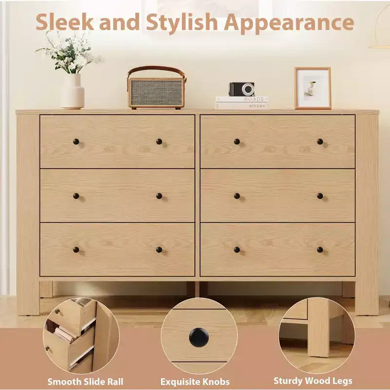 Comò per camera da letto, cassettiera grande a 6 cassetti con cassetti profondi e pomelli in metallo, cassettiere doppie moderne in legno per camera da letto dei bambini, ingresso
