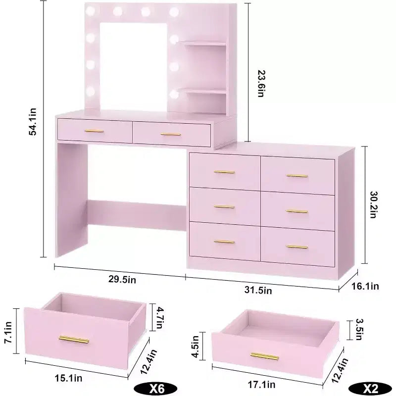 Toeletta da trucco rosa da 61" con specchio e luci, 8 cassetti, mensole a 2 livelli, LED regolabile a 3 modalità, robusto MDF per camera da letto