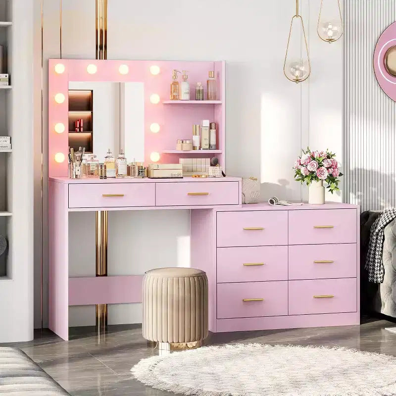 Toeletta da trucco rosa da 61" con specchio e luci, 8 cassetti, mensole a 2 livelli, LED regolabile a 3 modalità, robusto MDF per camera da letto